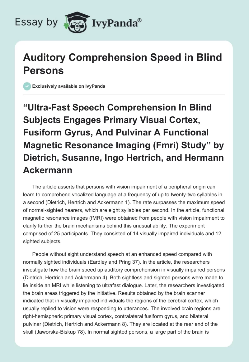 Auditory Comprehension Speed in Blind Persons. Page 1