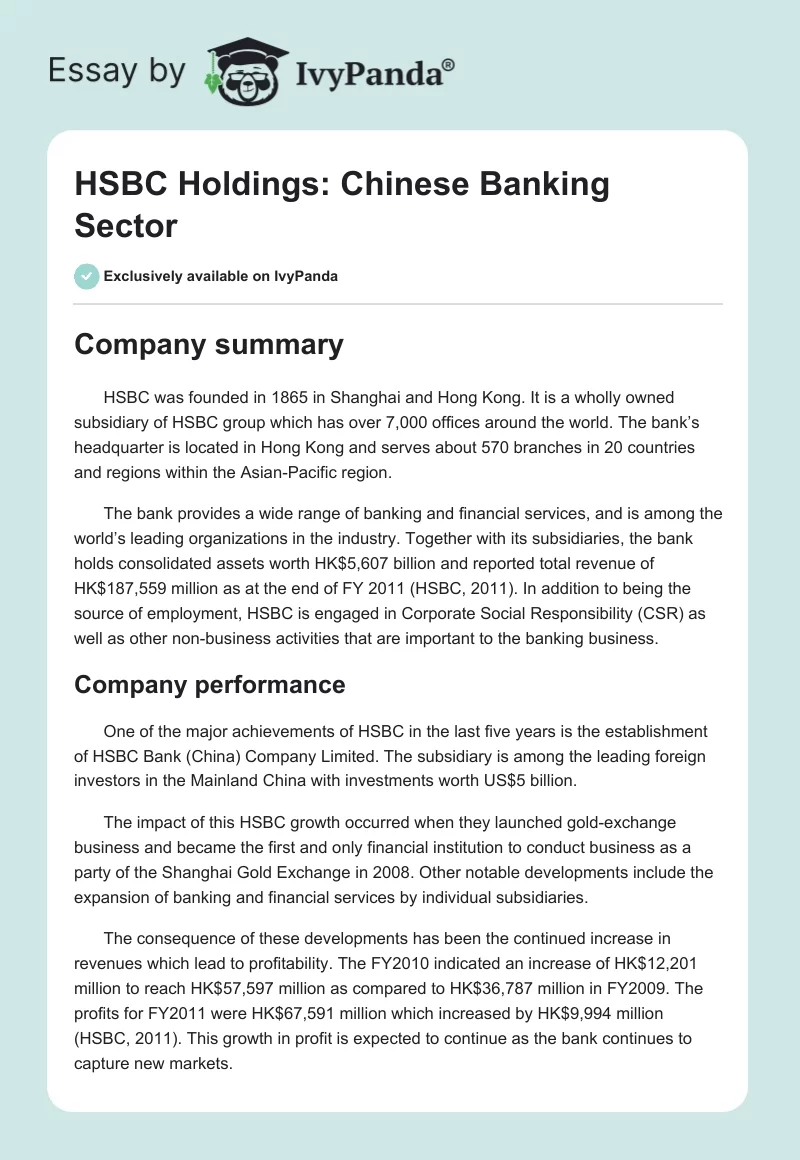 HSBC Holdings: Chinese Banking Sector. Page 1