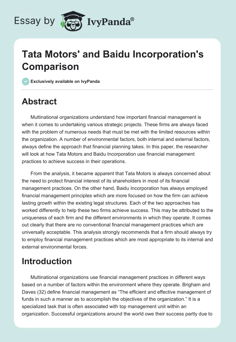 Tata Motors' and Baidu Incorporation's Comparison. Page 1