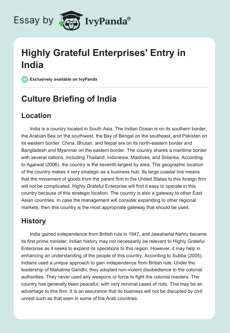 Highly Grateful Enterprises' Entry in India. Page 1