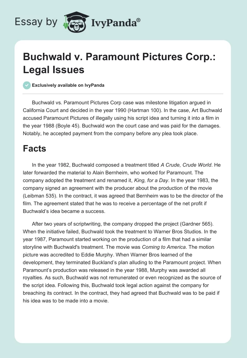 Buchwald v. Paramount Pictures Corp.: Legal Issues. Page 1