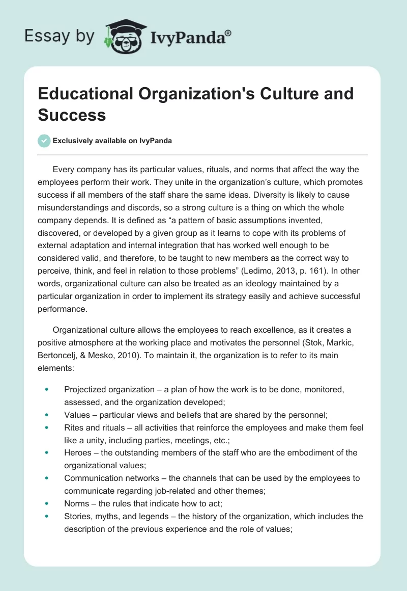 Educational Organization's Culture and Success. Page 1