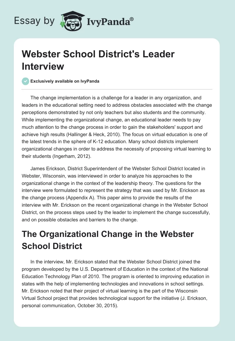 Webster School District's Leader Interview. Page 1