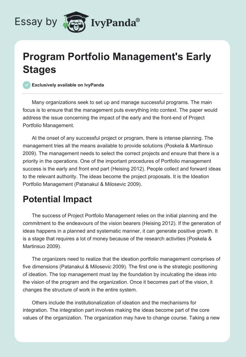 Program Portfolio Management's Early Stages. Page 1