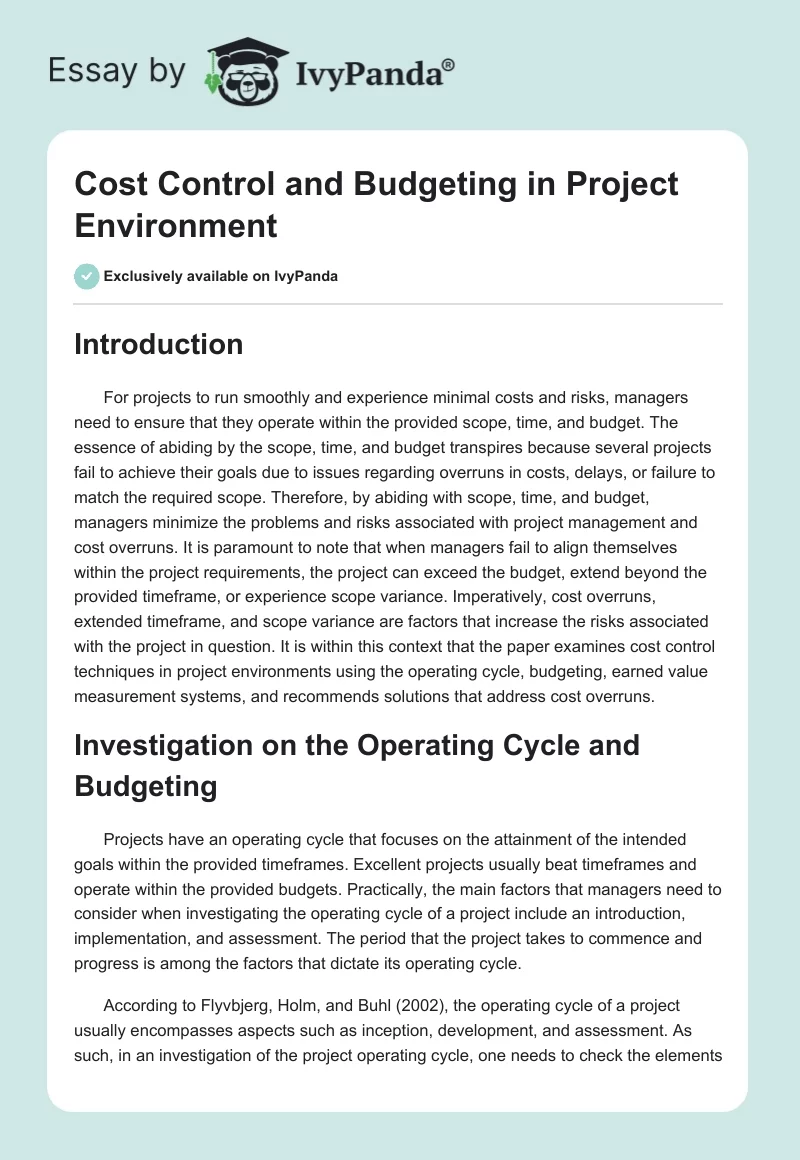 Cost Control and Budgeting in Project Environment. Page 1