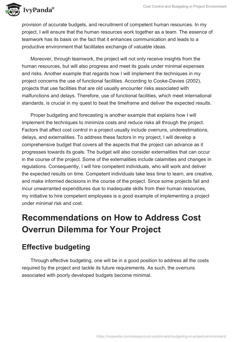 Cost Control and Budgeting in Project Environment. Page 3