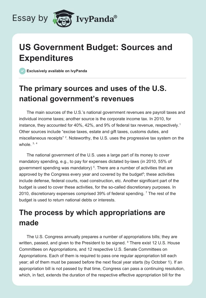US Government Budget: Sources and Expenditures. Page 1