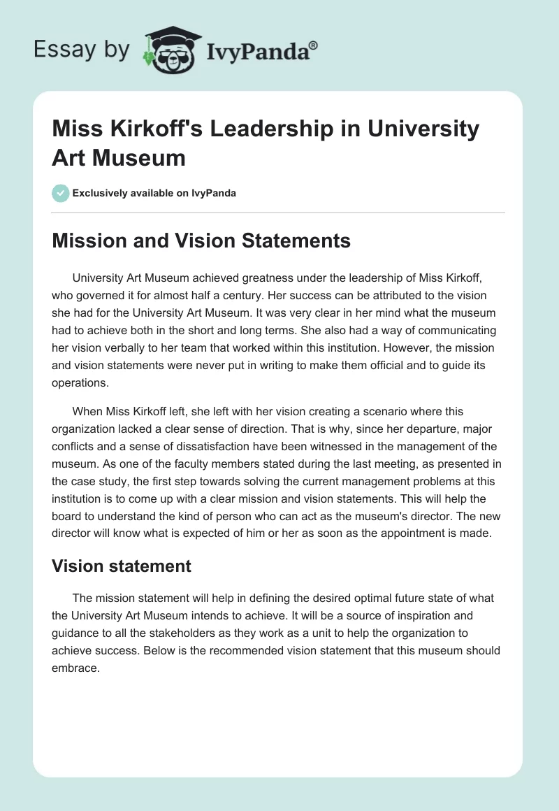 Miss Kirkoff's Leadership in University Art Museum. Page 1