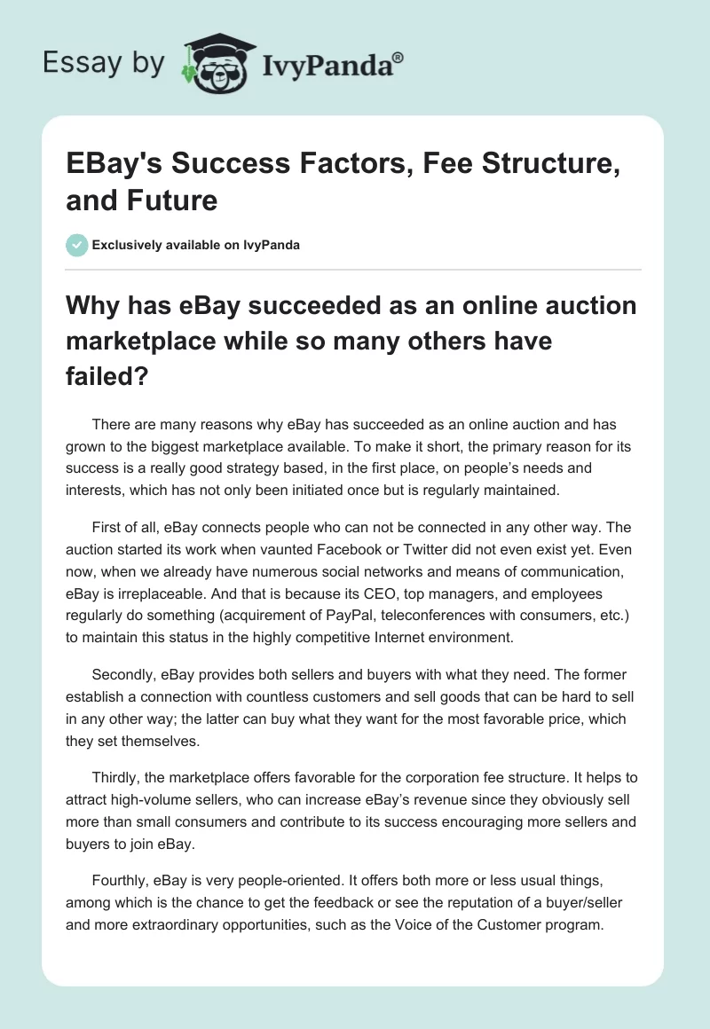 EBay's Success Factors, Fee Structure, and Future. Page 1
