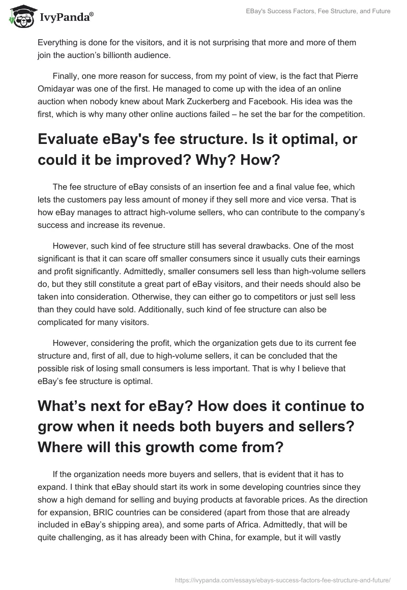 EBay's Success Factors, Fee Structure, and Future. Page 2