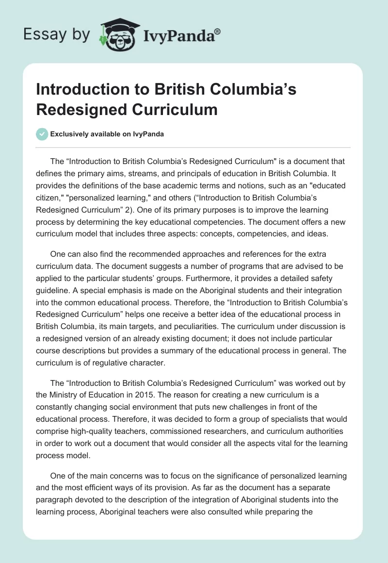 Introduction to British Columbia’s Redesigned Curriculum. Page 1