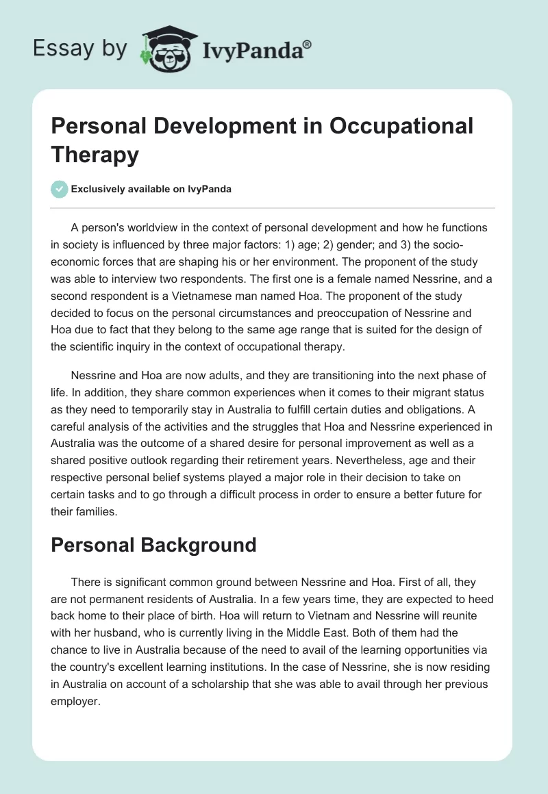 Personal Development in Occupational Therapy. Page 1