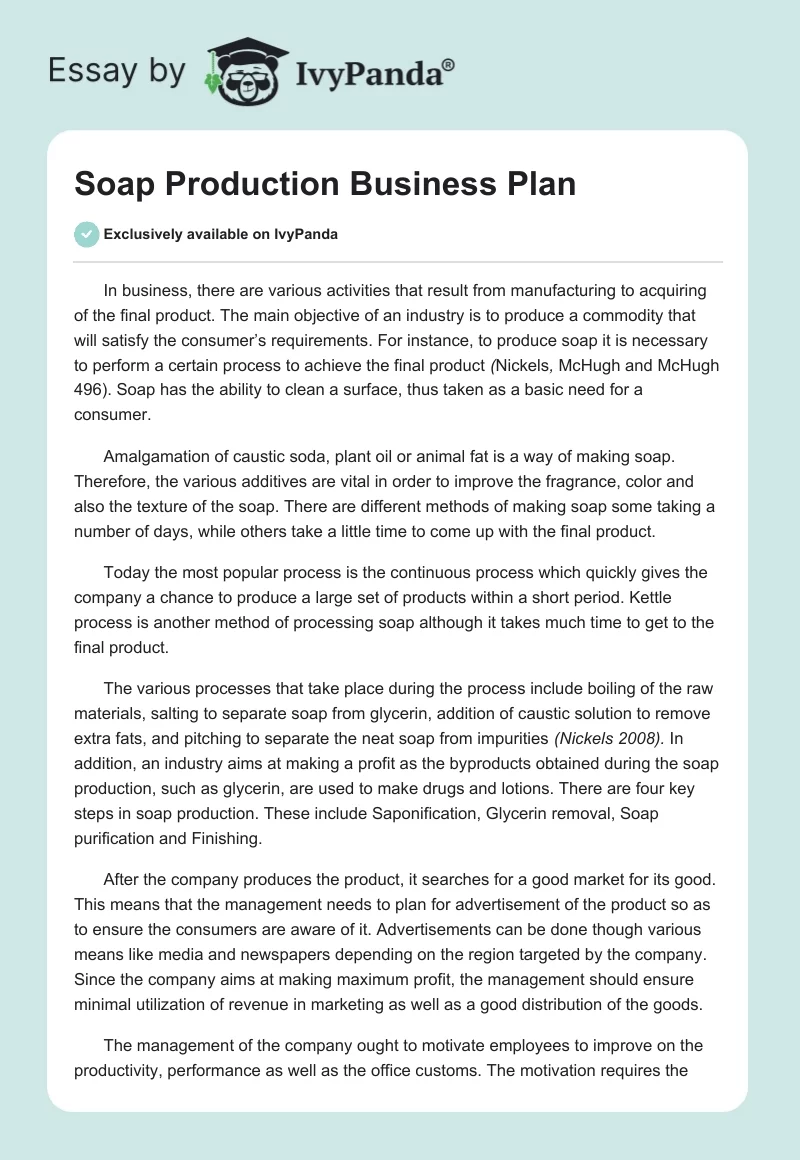 Soap Production Business Plan. Page 1