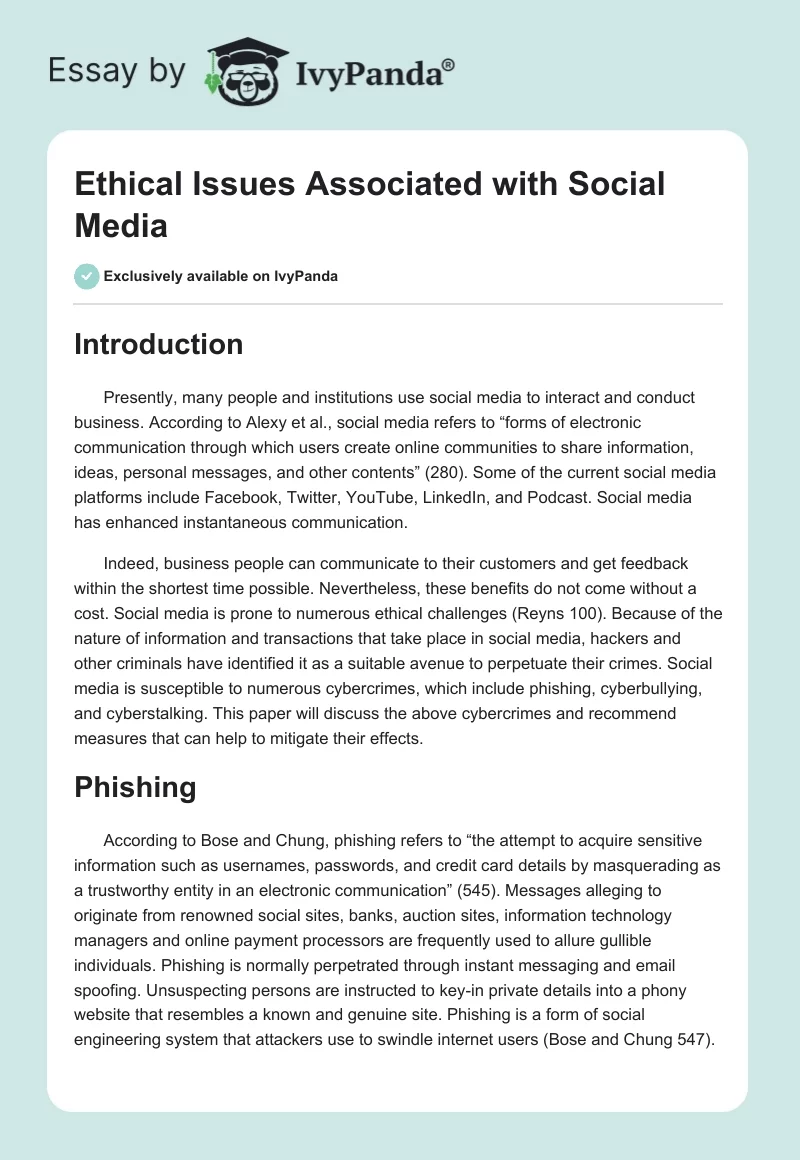 Ethical Issues Associated with Social Media. Page 1