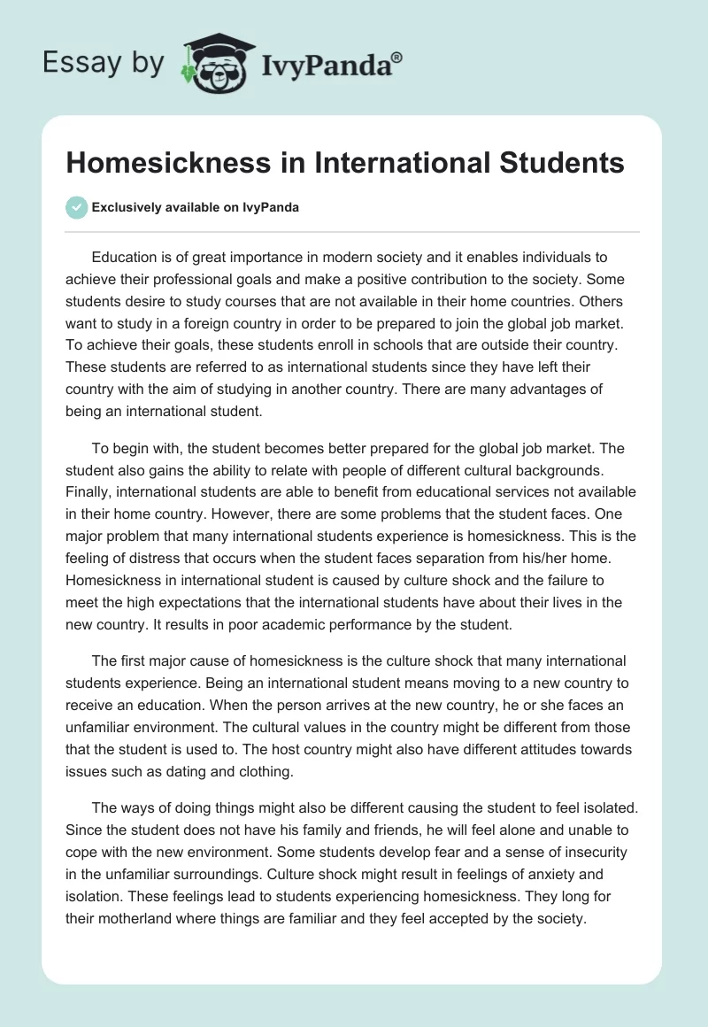 Homesickness in International Students. Page 1