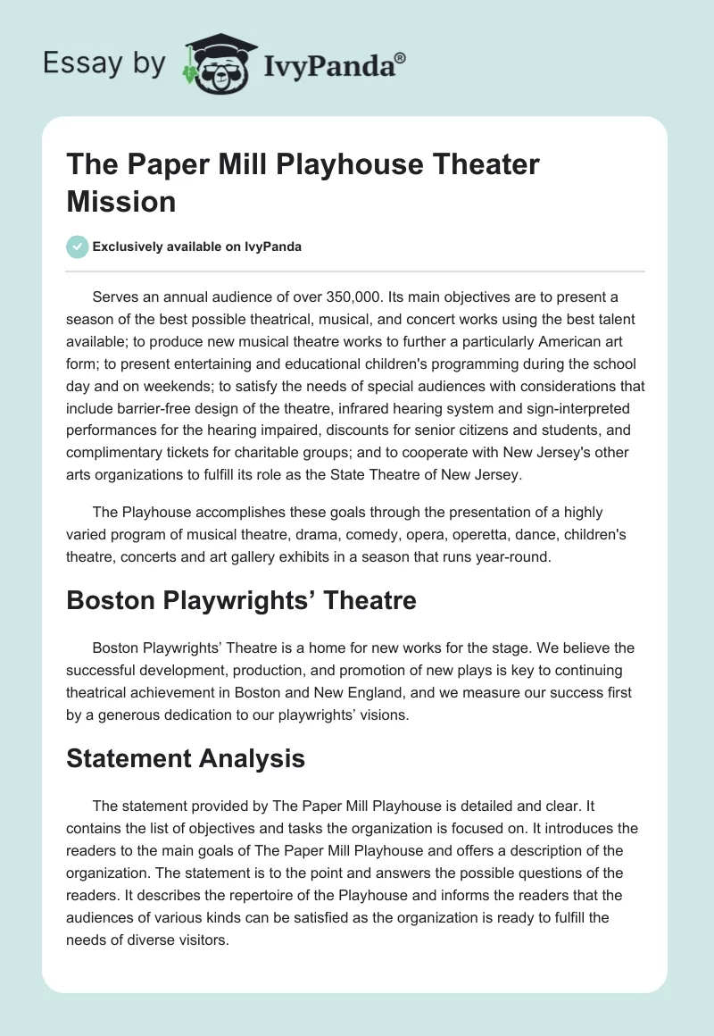 The Paper Mill Playhouse Theater Mission. Page 1