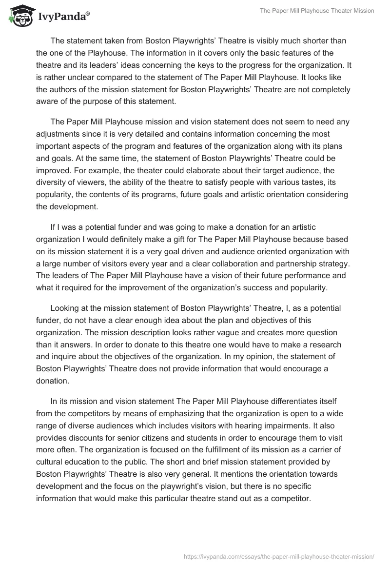 The Paper Mill Playhouse Theater Mission. Page 2