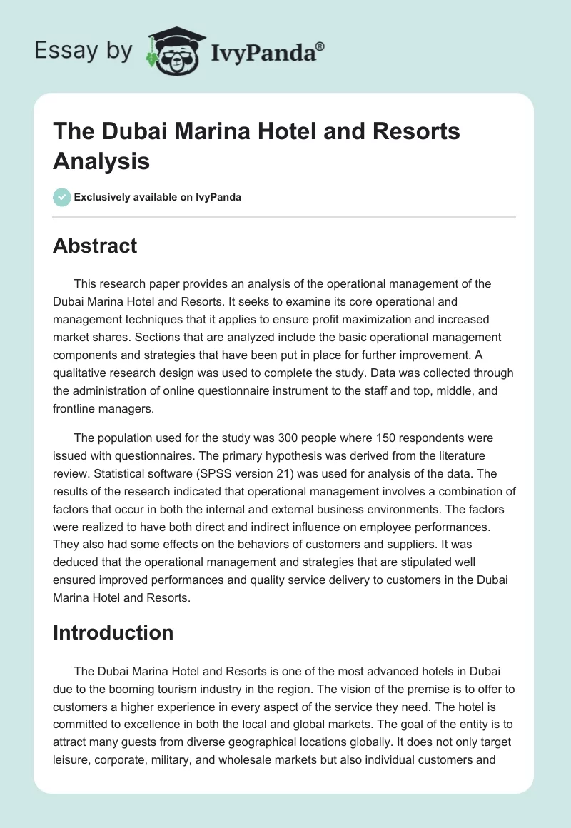 The Dubai Marina Hotel and Resorts Analysis. Page 1