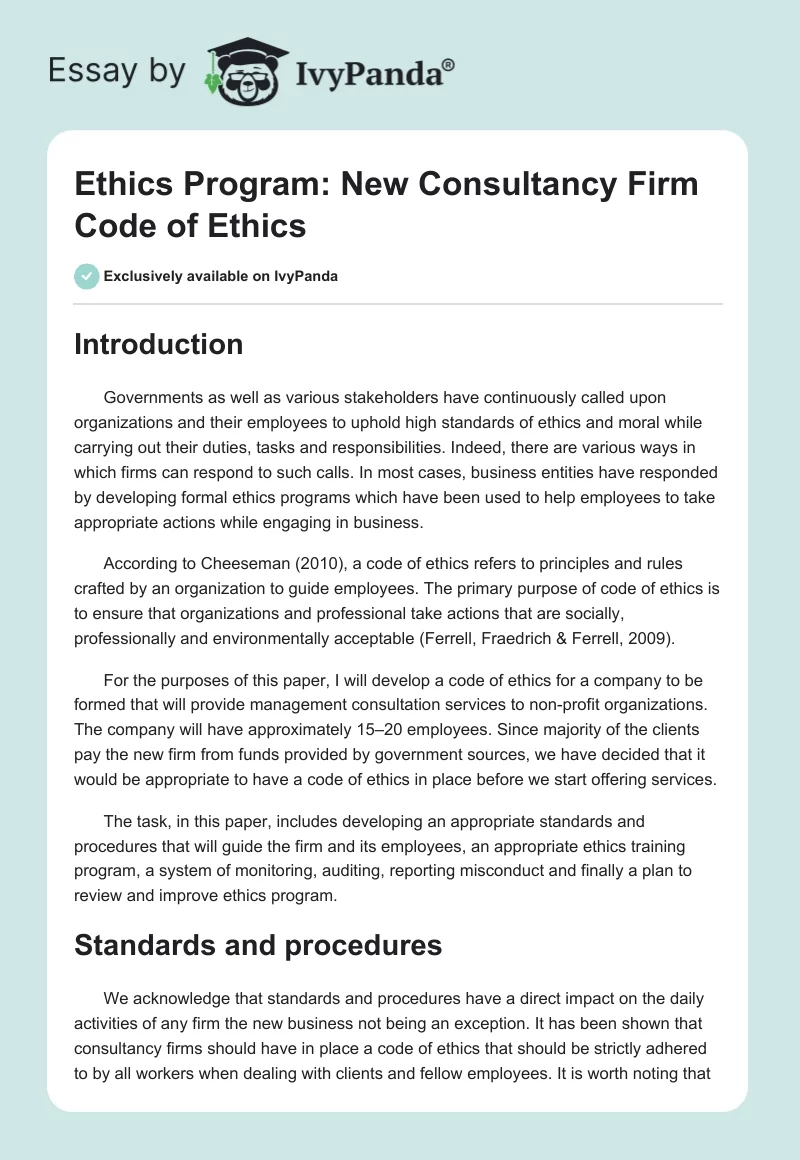 Ethics Program: New Consultancy Firm Code of Ethics. Page 1