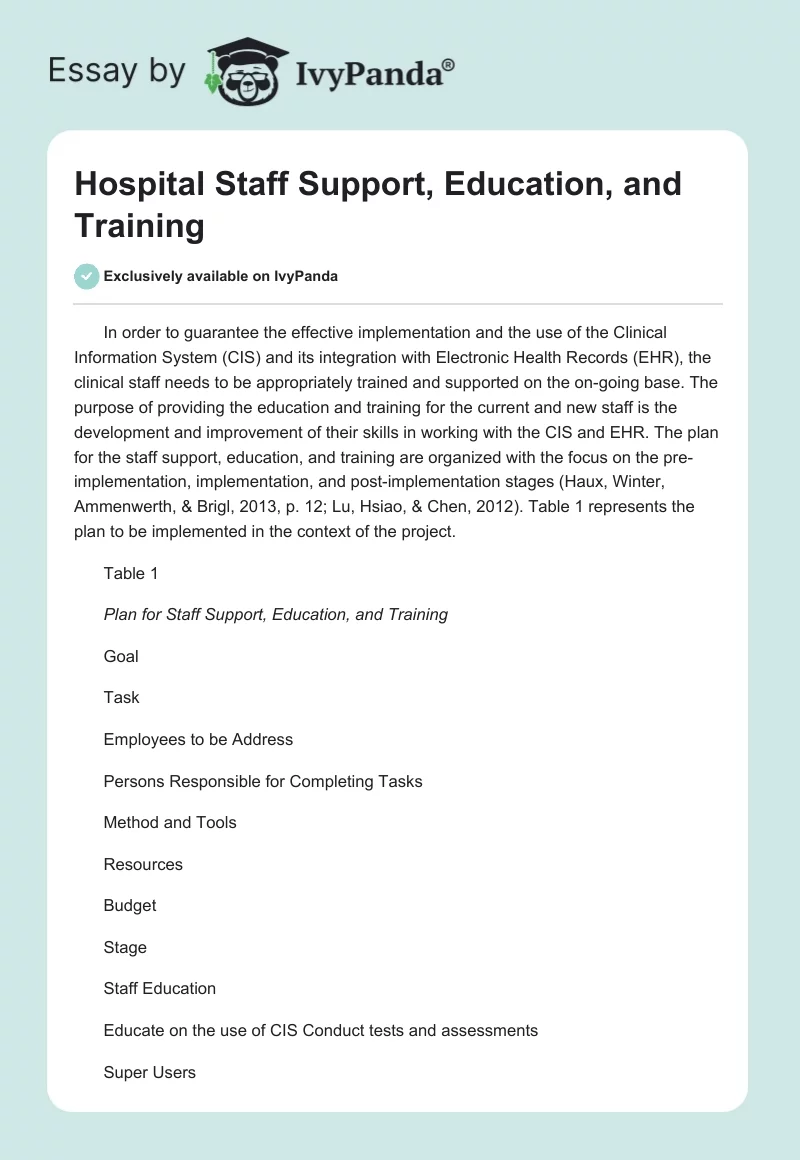 Hospital Staff Support, Education, and Training. Page 1