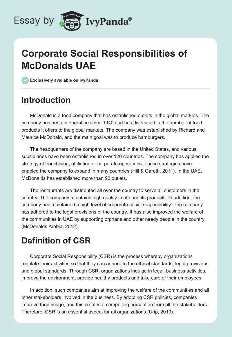 Corporate Social Responsibilities of McDonalds UAE. Page 1