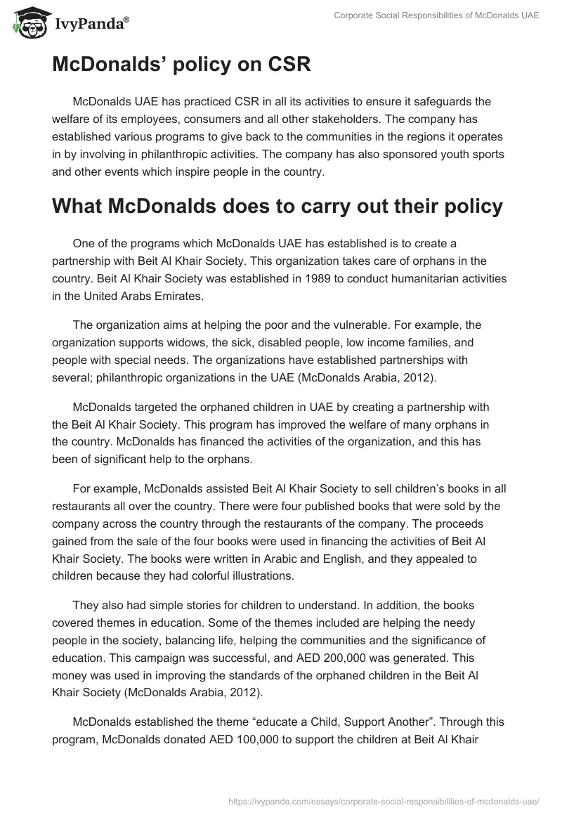 Corporate Social Responsibilities of McDonalds UAE. Page 2