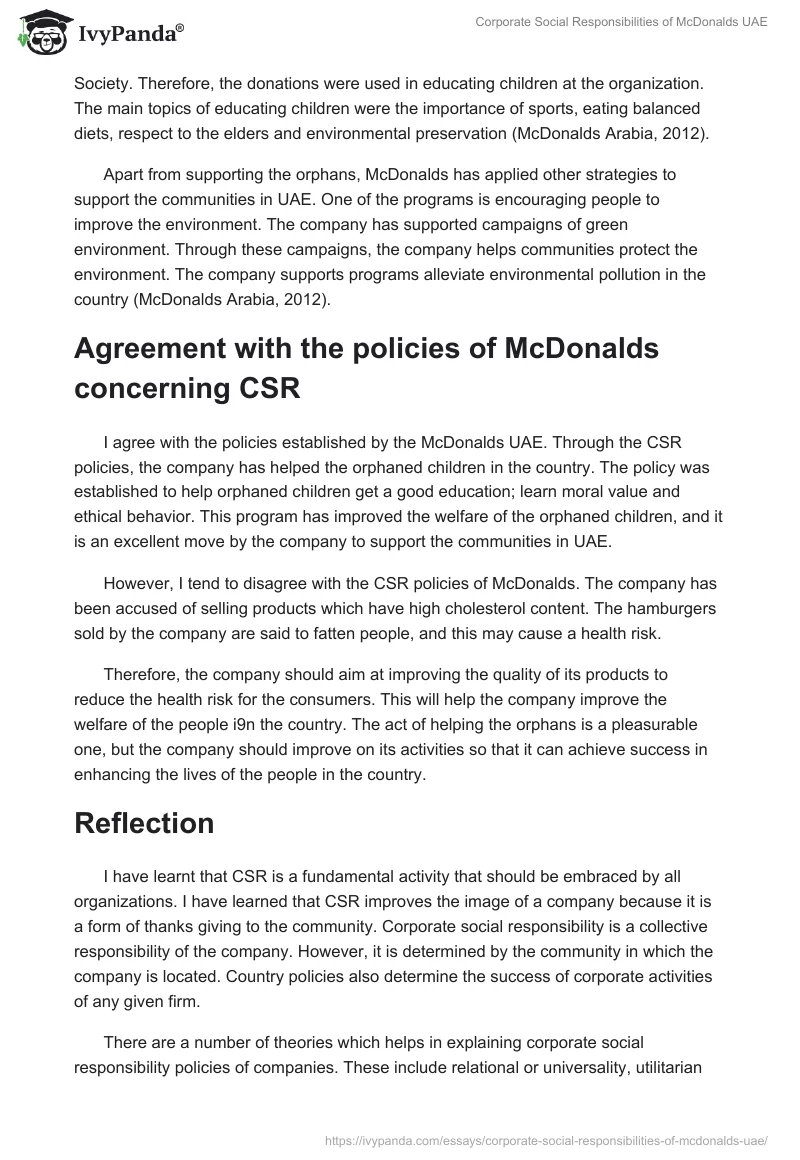 Corporate Social Responsibilities of McDonalds UAE. Page 3