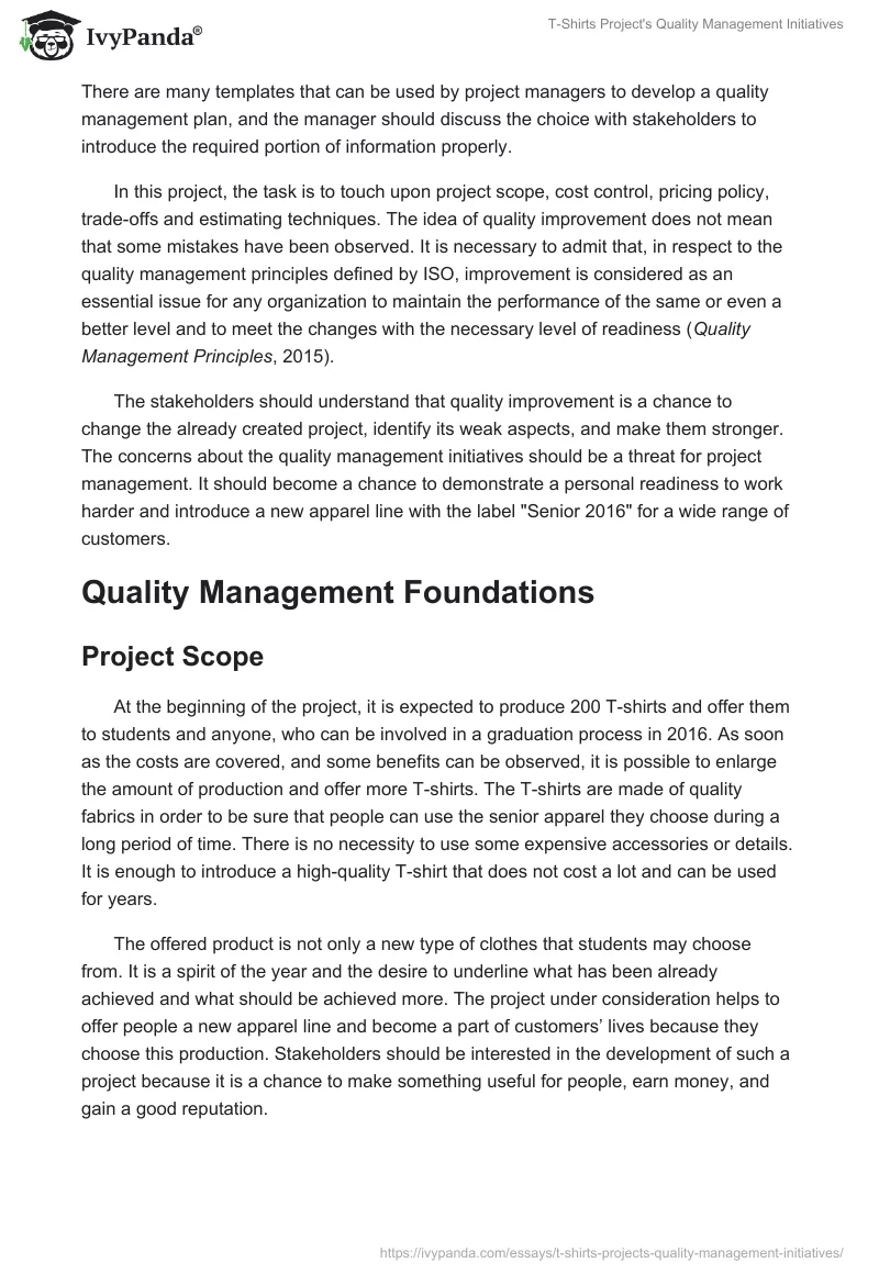 T-Shirts Project's Quality Management Initiatives. Page 2