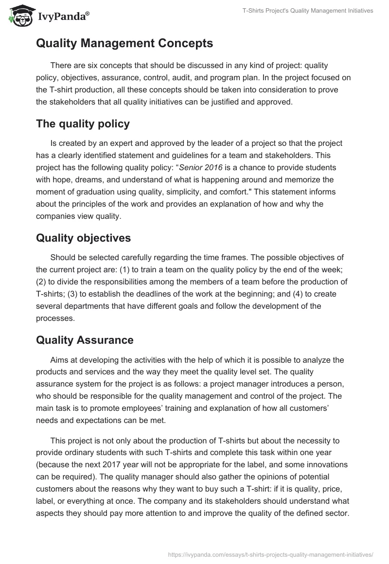 T-Shirts Project's Quality Management Initiatives. Page 5