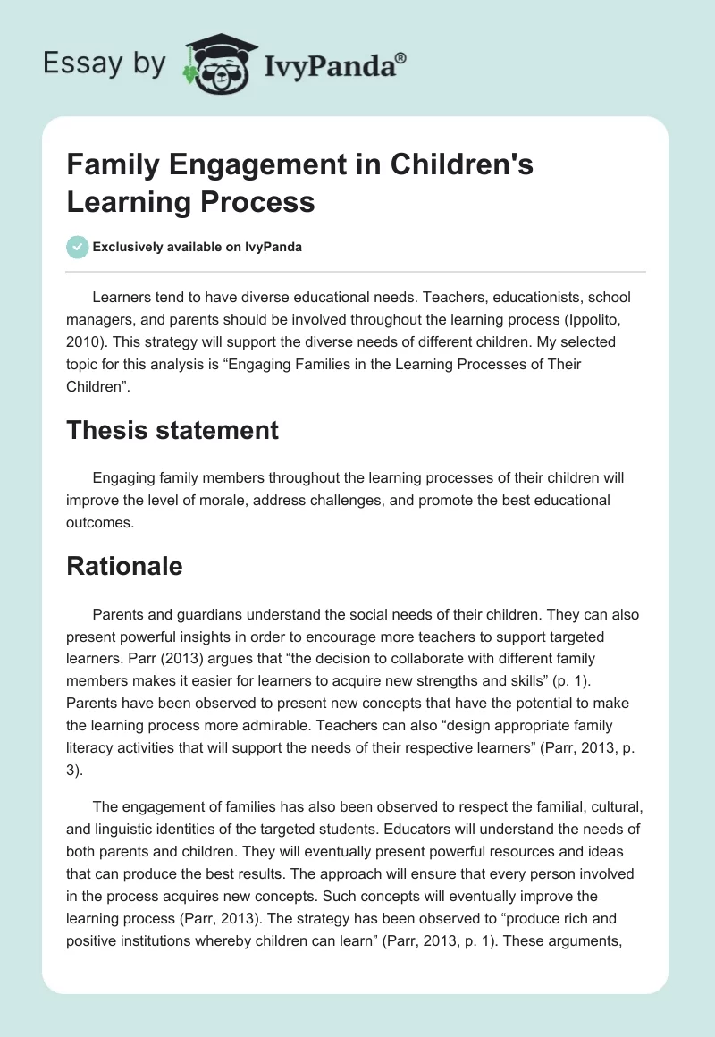 Family Engagement in Children's Learning Process. Page 1