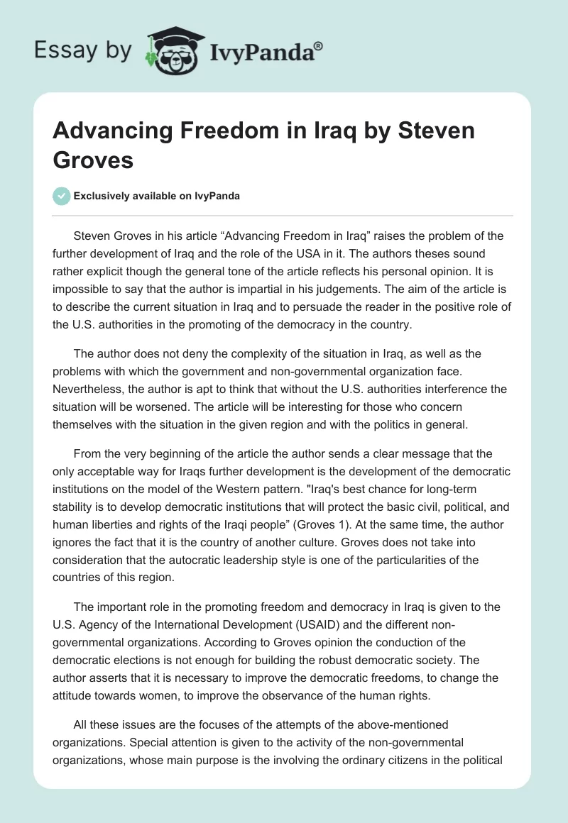 "Advancing Freedom in Iraq" by Steven Groves. Page 1