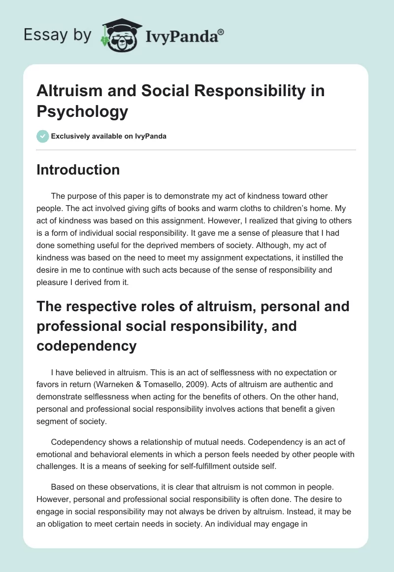 Altruism and Social Responsibility in Psychology. Page 1