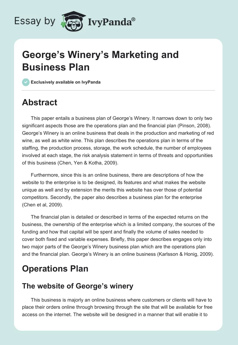 George’s Winery’s Marketing and Business Plan. Page 1