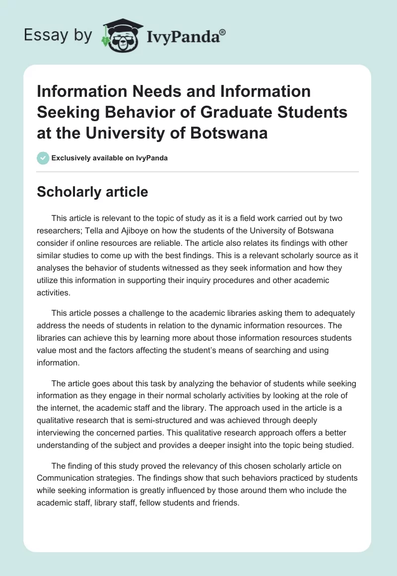 Information Needs and Information Seeking Behavior of Graduate Students at the University of Botswana. Page 1