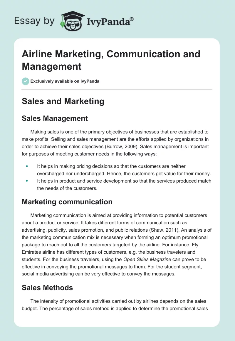 Airline Marketing, Communication and Management. Page 1