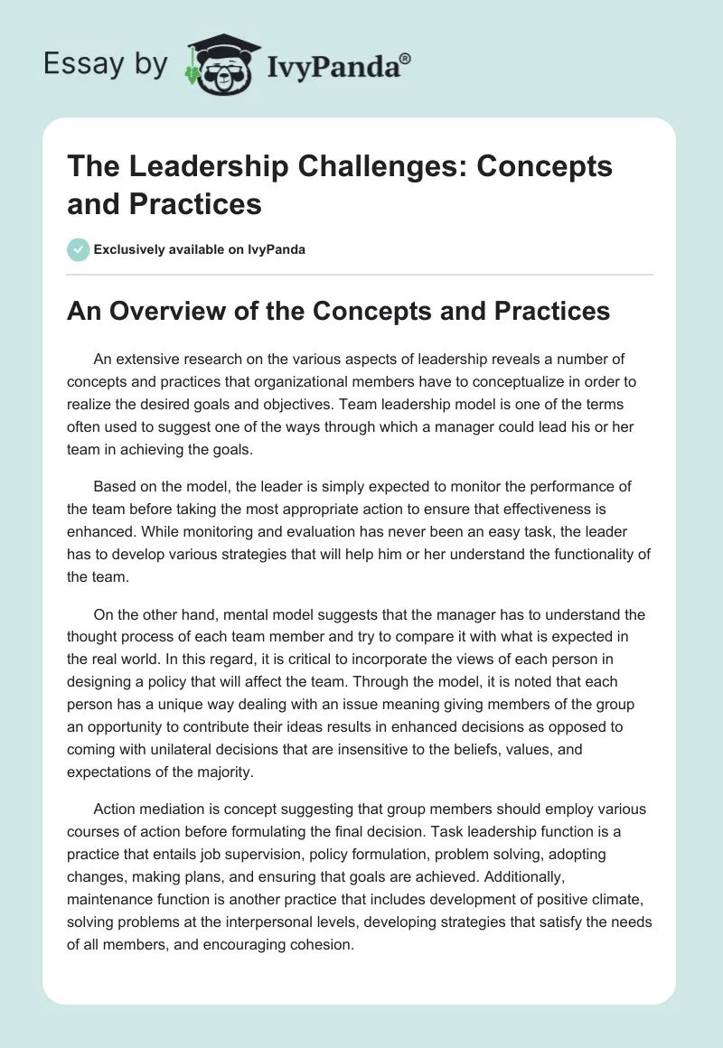 The Leadership Challenges: Concepts and Practices. Page 1