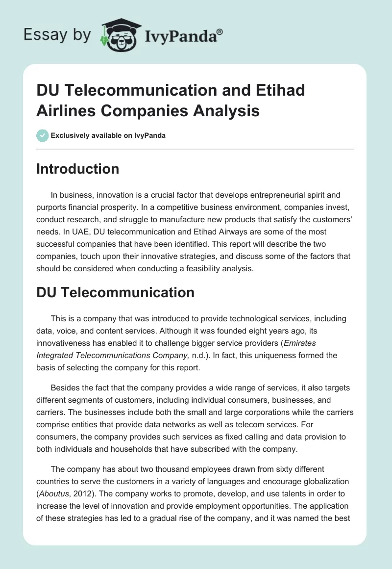 DU Telecommunication and Etihad Airlines Companies Analysis. Page 1