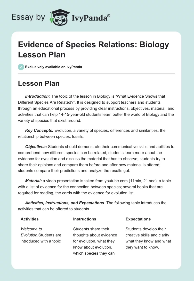 Evidence of Species Relations: Biology Lesson Plan. Page 1