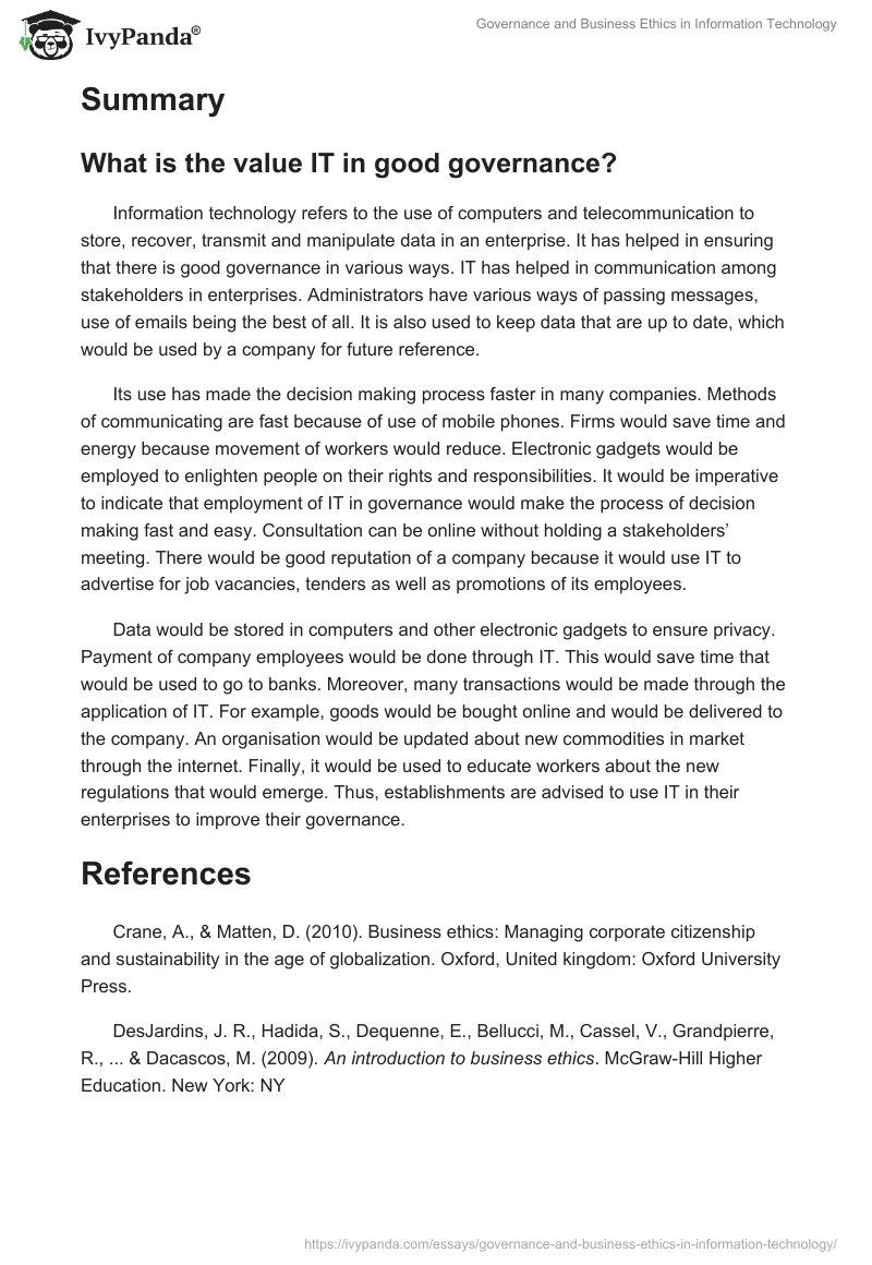 Governance and Business Ethics in Information Technology. Page 5