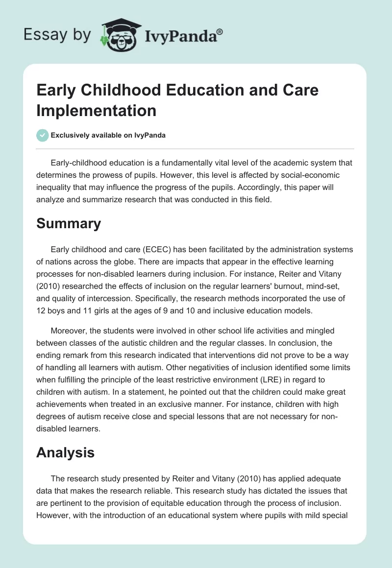 Early Childhood Education and Care Implementation. Page 1