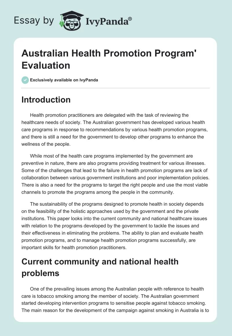 Australian Health Promotion Program' Evaluation. Page 1