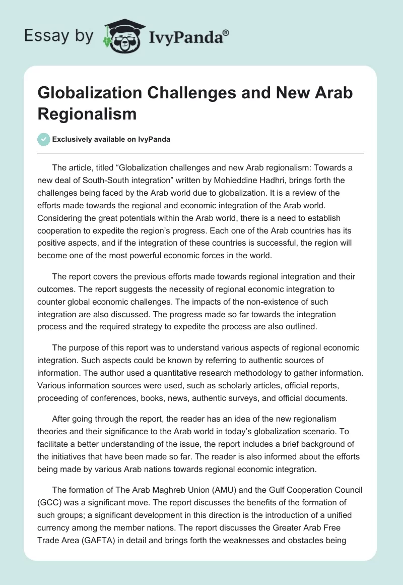Globalization Challenges and New Arab Regionalism. Page 1