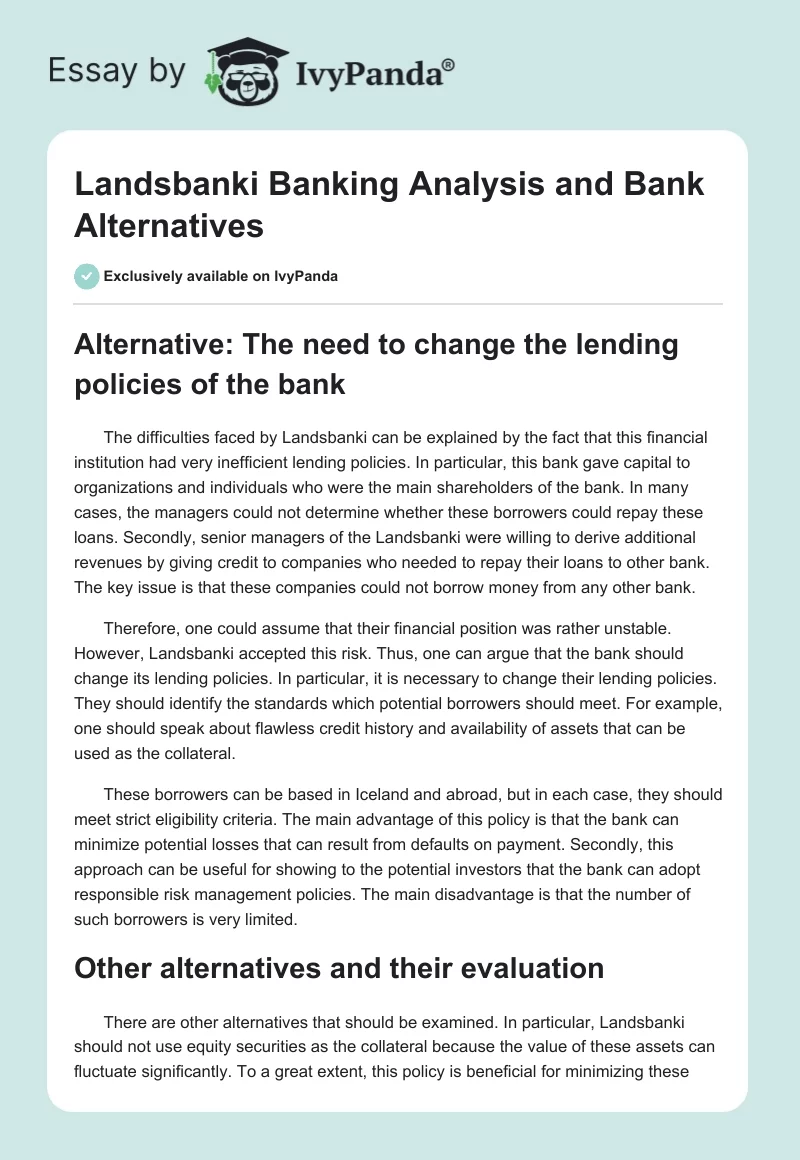 Landsbanki Banking Analysis and Bank Alternatives. Page 1