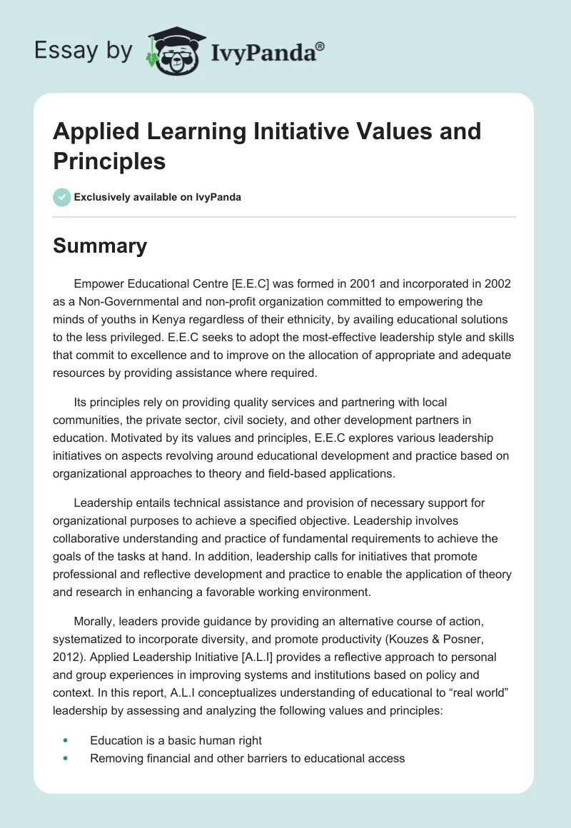 Applied Learning Initiative Values and Principles. Page 1