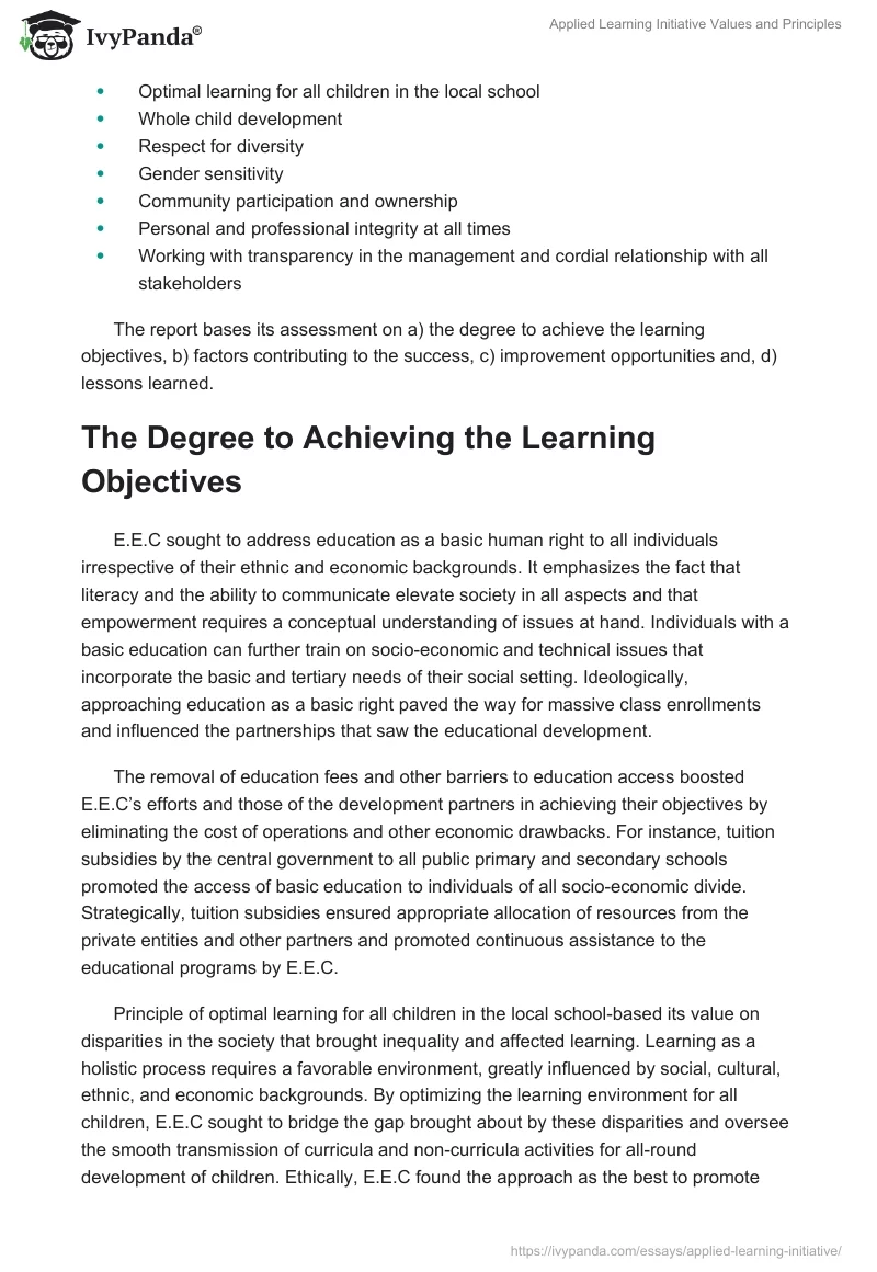 Applied Learning Initiative Values and Principles. Page 2