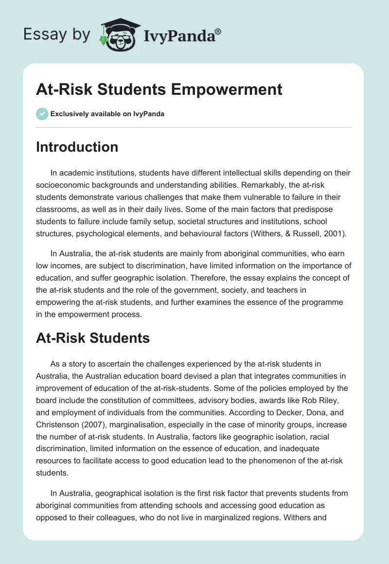 At-Risk Students Empowerment. Page 1