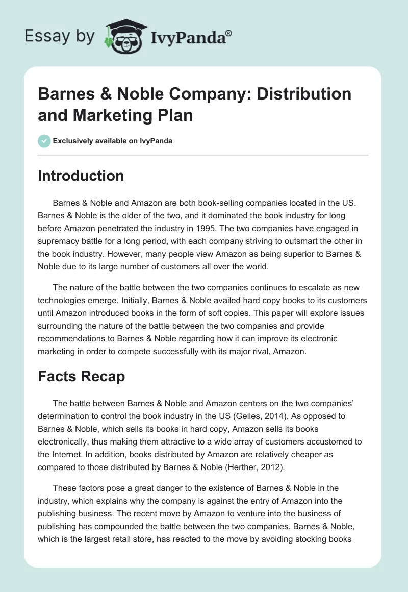 Barnes & Noble Company: Distribution and Marketing Plan. Page 1