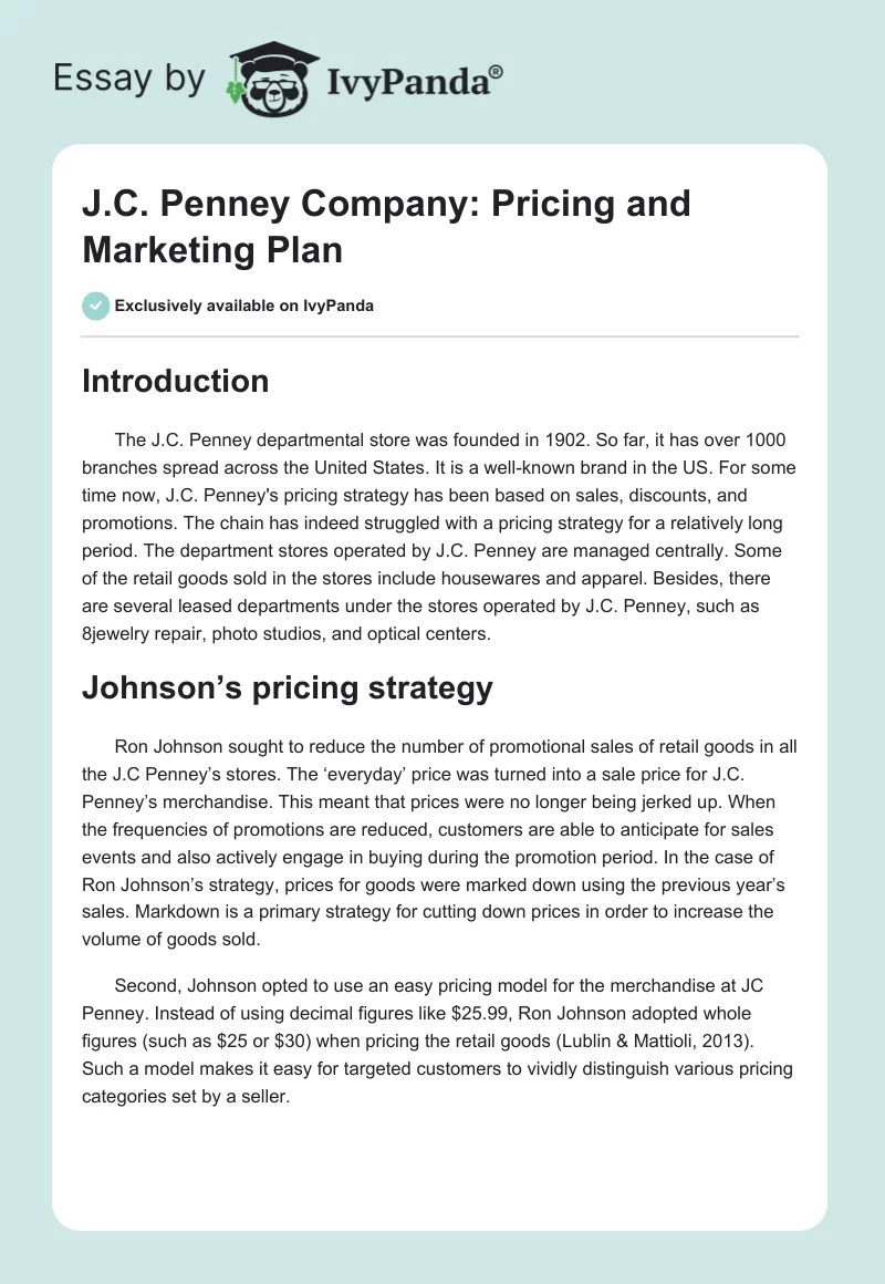 J.C. Penney Company: Pricing and Marketing Plan. Page 1