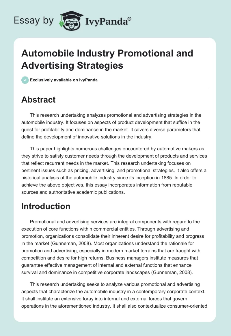 Automobile Industry Promotional and Advertising Strategies. Page 1