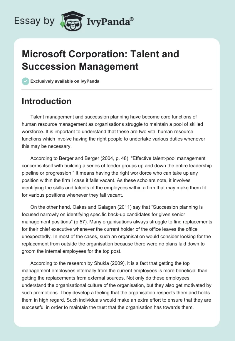Microsoft Corporation: Talent and Succession Management. Page 1